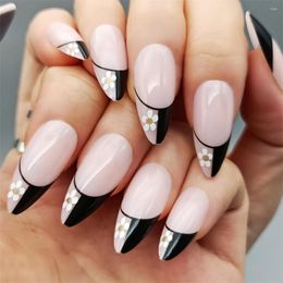 False Nails 24pcs Set French Tips Designed With Flowers Floral Press On Almond Medium Black White For Daily Manicure Decor