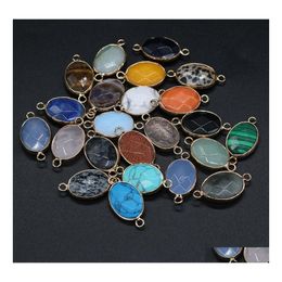 Charms Wholesale Flat Oval Natural Stone Connector Rose Quartz Tiger Eyes Pendant Diy For Druzy Necklace Earrings Or Jewellery Making Dhhtb