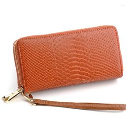 Wallets Women Split Leather Double Zipper Long Wallet Solid Crocodile Pattern Clutch Bags Large Capacity Female Money Purse 2023