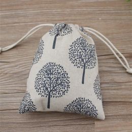 Jewelry Pouches Bags Happy Tree Printed Linen Gift Pouch 9X12Cm 10X15Cm 13X17Cm Pack Of 50 Party Candy Favor Sack Jute Dstring Bag2 Dhepk