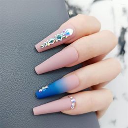 Nail Stickers Stick On Tips In Gift Box French Style With Rhinestones Blue Acrylic False Nails Art Decoration For Party Coffin Long 24pcs