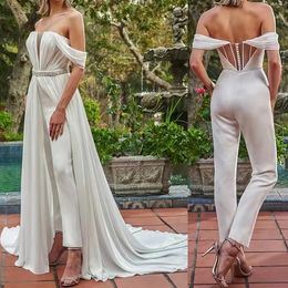 Elegant Women Jumpsuits Wedding Dress With Detachable Train Crystals Sash Pleats Satin Chiffon Elopement Gowns Off Shoulder Corset Boho Ivory Bride Pants Wear