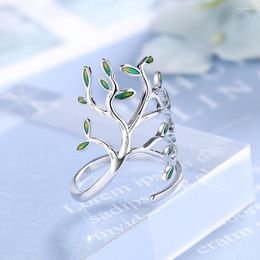 Wedding Rings Retro Bohemia Fresh Lady Tree Of Life Green Leaf Adjustable Finger For Women Silver Color Jewelry Party Gift