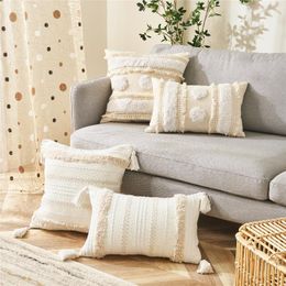 Pillow /Decorative Tassel Beige Cover Tufted Cotton Linen PillowCases For Living Room Soft Sofa Bed Chair Home Decor 45x45cmC