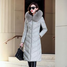 Women's Fur & Faux 2023 Winter High Quality Leather Jacket Collar Hooded Sheepskin Long Down Coat Large Size 5XL