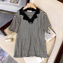 Women's T Shirts 2023 Summer XL-4XL Oversize T-shirt Women Casual Loose Stripe Short-sleeve Tops V-neck Turn-down Collar Large Size Tshirt