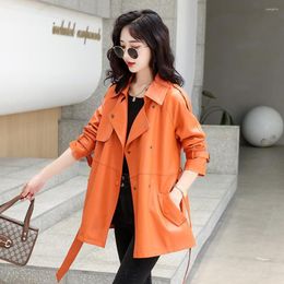 Women's Leather Women Trench Coat Spring Autumn Casual Fashion Turn-down Collar Long Sleeve Belt Sheepskin Jacket Loose Outerwear