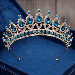 Tiaras Baroque Vintage Blue Crystal Bride Crown Women Headdress Bridal Tiaras and Crowns Wedding Hair Jewellery Accessories Crown Fashion Z0220