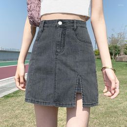 Skirts 2023 Summer Elastic Denim Women's Clothing High Waist Anti-glare A-line Short Hakama Split Hip Jeans Bd256