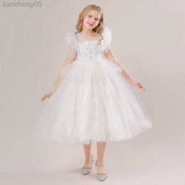 Girl's Dresses 5-14 Yrs Sequin White Bridesmaid Party Dresses Puffy Lace Flower Girl Princess Dress for Kids Wedding Birthday Summer Prom Dress W0221