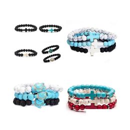 Charm Bracelets Trendy 8Mm Black Lava Stone Turquoise Bead Sea Turtle Cross Bracelet Some Essential Oil Diffuser For Women Men Jewel Dh5Wk