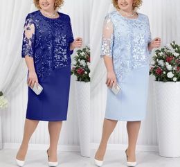 Collo gioiello Taglie forti Abiti per la madre della sposa Disponibile Blu royal Maniche lunghe Al ginocchio Abito da sposa formale per festa della mamma FS7261