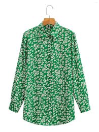 Women's Blouses Women's Single-breasted Floral Casual Loose Long-sleeved Green Blouse Shirt