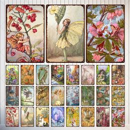 Retro Fairy art painting Metal Poster Tin Sign Cartoon Elf Metal Sign Tin Plate Vintage Shabby Style Flowers Wall Stickers Tin Decor for Club decor size 30X20CM w02