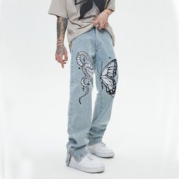 Men's Jeans High Street Butterfly and Snake Embroidery Straight Jeans Pants Men's Ankle Zipper Retro Pockets Loose Denim Trousers Hip Hop 230220