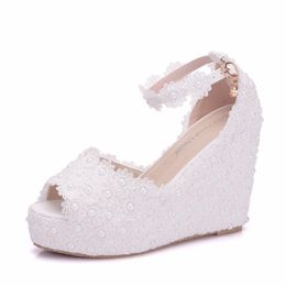 Sandals Women Wedding Party Banquet Lace PU Rhinestones Buckle Strap 11CM Wedges High Heels Peep Toe Shoes Size 35-42