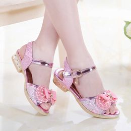 Sandals Summer Open Toe Low Heels Big Child Sandales Party Girls Shoes Young Children Sandals for Girl Sequins Bow Kids Shoes CSH1409 R230220