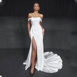 Party Dresses Modern 2023 Off The Shoulder Pleat Sheath Wedding Side Slit Boho Beach Bridal Grown Robe de mariee 230221