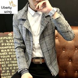 Men's Jackets England Style Autumn Mens Personality Plaid Fashion Long Sleeve Zip Turn Down Collar Plus Size Slim Fit Male Short CoatsMen's