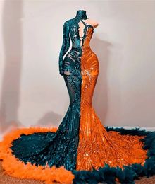 Contrast Colour Sequined Lace Evening Dresses Orange hunter green gillter feather Mermaid Black Girls aso ebi Prom Gowns