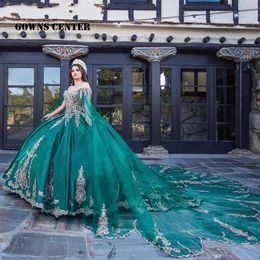 Party Dresses Sparkly Green Quinceanera Ball Gown Birthday Dress Lace Up Graduation Off The Shoulder de 15 anos quinceanera 230221