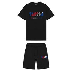 Herren-T-Shirt mit Trapstar-Stickerei, kurzärmeliges Outfit, Chenille-Trainingsanzug, schwarze Baumwolle, London, Streetwear, Größe S-2XL