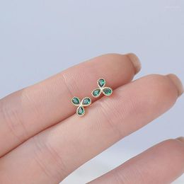 Stud Earrings Korean Style Elegant Tiny Green Crysta Leaf For Women 14K Real Gold Wedding Jewellery