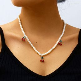 Pendant Necklaces Chic Temperament Imitation Pearl Beads Red Crystal Cherry Necklace Women Fashion Geometric Jewelry XR3210