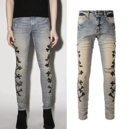 Biker Denim Jeans With Patches Details Men Distressed Rip Denim Cotton