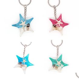 Keychains Lanyards Wholesale Unique 4 Colors Creative Fashion Amber Luminous Key Chain Real Starfish Specimen Car Ys2K006 Dsz