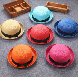 Spring Summer Kids Round Straw Hat Roll Brim Small Top Hats for Boys Girls Children Beach Cap Women Men Sun Caps