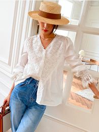 Women's Blouses Cotton Loose Lace V-neck Elegant Chic Blouse Shirt White Spring Women Long Sleeve Hollow Out Boho Sexy Ladies Top 2023