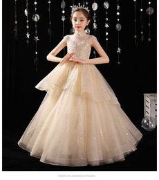 Girl's Dresses Champagne Tutu Flower Dress Sequin Lace Children Party Wedding Birthday Formal Dress for Girl Princess First Communion Come W0221