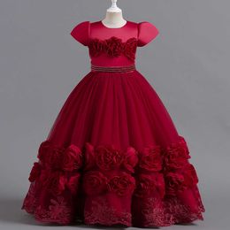 Girl's Dresses Formal Red Floral Kids Wedding Party Dresses for Girls Elegant Lace Children New Year Princess Dress Girl Christmas Evening Gown