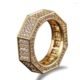 Cluster Rings Hip Hop Micro Paved Cubic Zirconia Bling Out Geometric Octagon Finger For Men Rapper Jewellery Gold Silver Colour