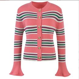 206 2023 Spring Summer Women Sweater Long Sleeve Crew Neck Green Pink Striped Cardigan Womens YL6