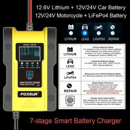 FOXSUR 12V 24V 6A car battery charger pulse repair 7-stage for GEL WET AGM 12.6V Lithium LiFePO4 LiPo Battery
