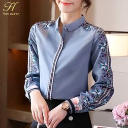 Women's Blouses Shirts H Han Queen Office Lady Blusa Vintage Print Tops Simple Elegant Chiffon Women Blouses Korean Chic Long Sleeve Casual Shirts 230221