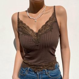 Camisoles & Tanks Goth Aesthetic Lace Patchwork Tank Tops For Women Sexy V-Neck Brown Retro Crop Summer Y2k Fashion Casual Camisole