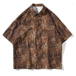 Men's Casual Shirts Summer Oversize Leopard Print Men Baggy Blouse Fashion Harajuku High Streetwear Short Sleeved Coat Clothing Tops Male