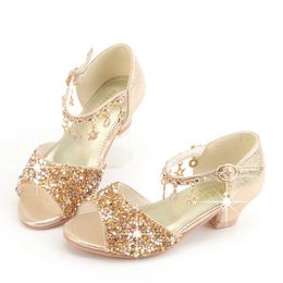 Sandals Summer Children's Girls Rhinestones Sandals Crystal High Heels Sequined Open Toes Princess Shoes Fashion Kids Sandals R230220