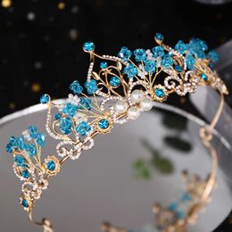 Tiaras Flower Pearl Blue Crystal Tiara Trendy Princess Crown Bridal Diadem Wedding Crown Tiaras Hair Jewelry Wedding Hair Accessories Z0220