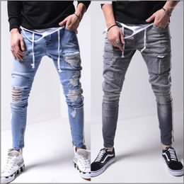 Men's Jeans Trousers Large Size Broken Hole Slim Blue Grey Casual Fashion Versatile Micro-Elastic Waist Tight JeansMen's Naom22