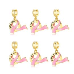 Charms Top Quality Pink Ribbon Lucky Pendants Beads Symbol Hope Believe Love Golden Fit Original European Bracelet Diy Jewellery Dh81N