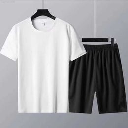 Men's T-Shirts Summer Cotton Men Set Solid Colour Short Sleeve Tshirt 2 Piece Sports Suit Black White Women T shirt and Shorts Free Shipping Z0221