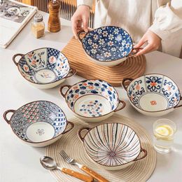 Bowls Double Ear Large Soup Bowl Japanese Retro Irregular Shape Ceramic Ramen Salad Porcelain Tableware Home Kitchen Supplies