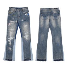 High Street Pants Flare Jeans For Men Designer Punk Painted Pants Patchwork Fashion Motorcycle Trousers