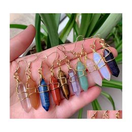 Charm Wire Wrap Natural Stone Charms Drop Earrings Hexagonal Amethysts Lapis Purple Quartz Pink Crystal Earring Chakra Pendu Baby De Dhyfr