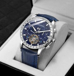 Wristwatches Mens Watches Top Automatic Fashion Blue Genuine Leather Strap Tourbillion Display Calendar WristwatchWristwatches WristwatchesW