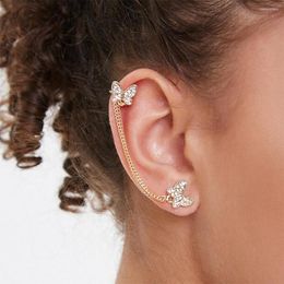 Backs Earrings Wholesale 14K Solid Gold Plated Gems Zircons Butterfly Ear Cuff Clip-on Stack Crystal Chain Climber